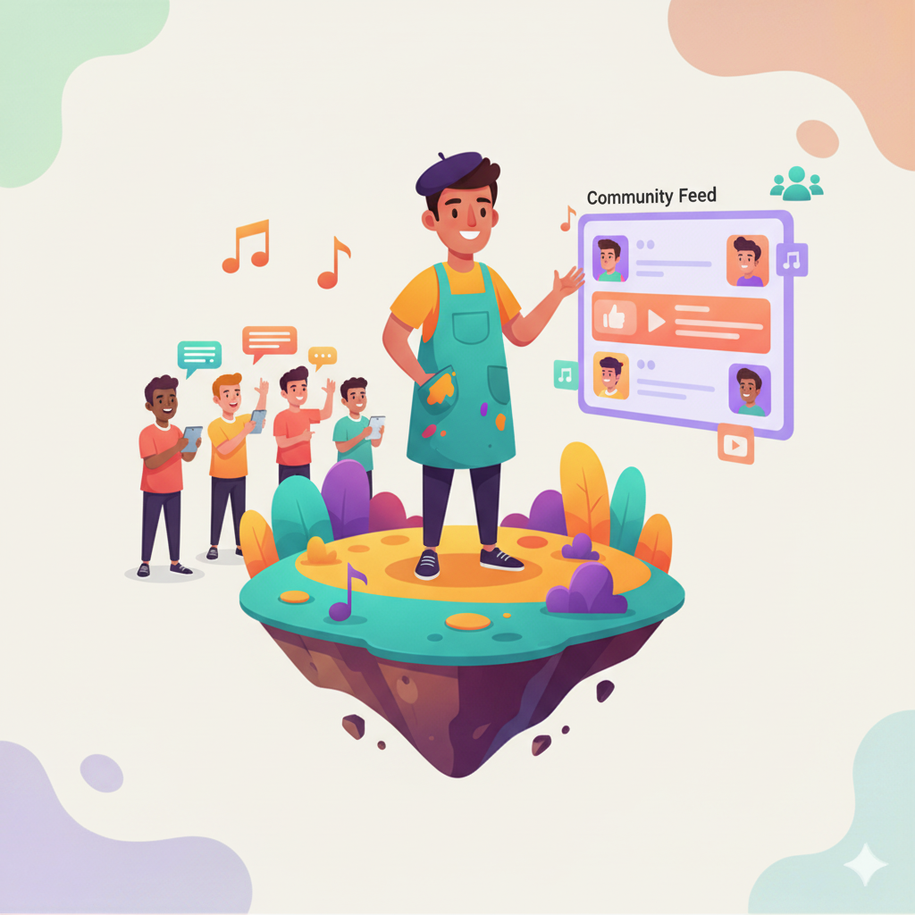 A cartoon mockup of an artist's personal community feed