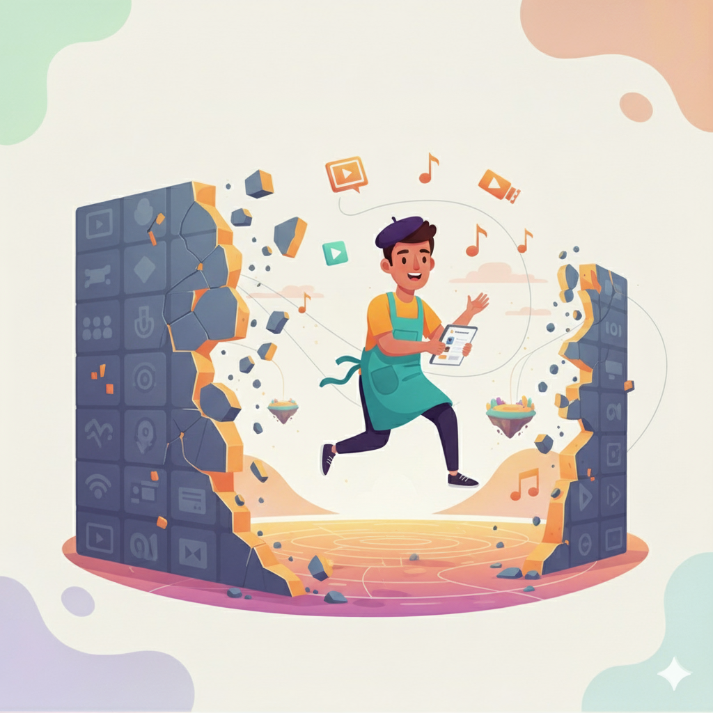 Illustration of an artist breaking free from a walled garden