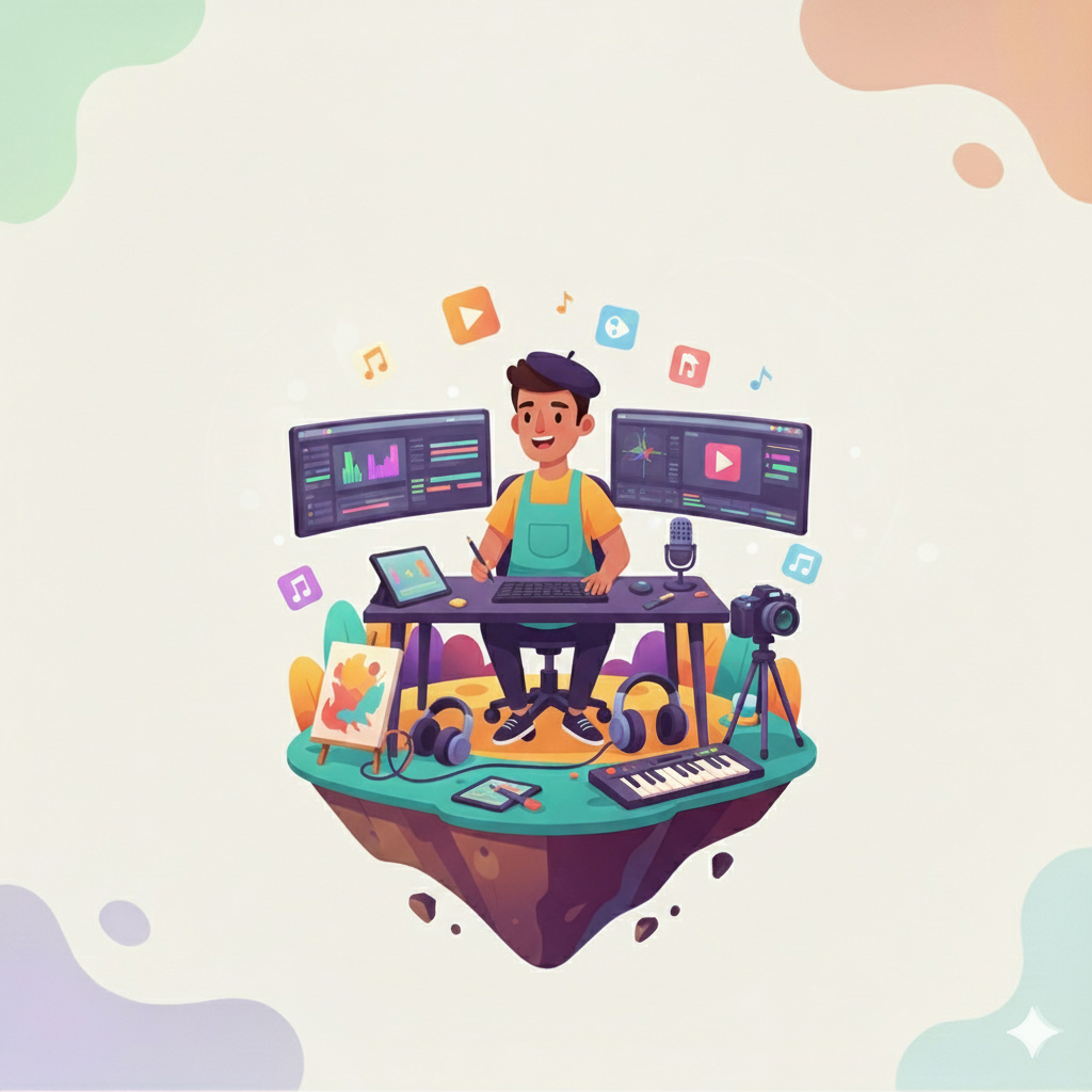 An illustration of an artist's messy but creative studio space